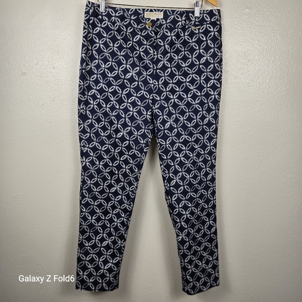 Michael Michael Kors Women’s Pants Size 12 Navy White Geometric Print Ankle Slim